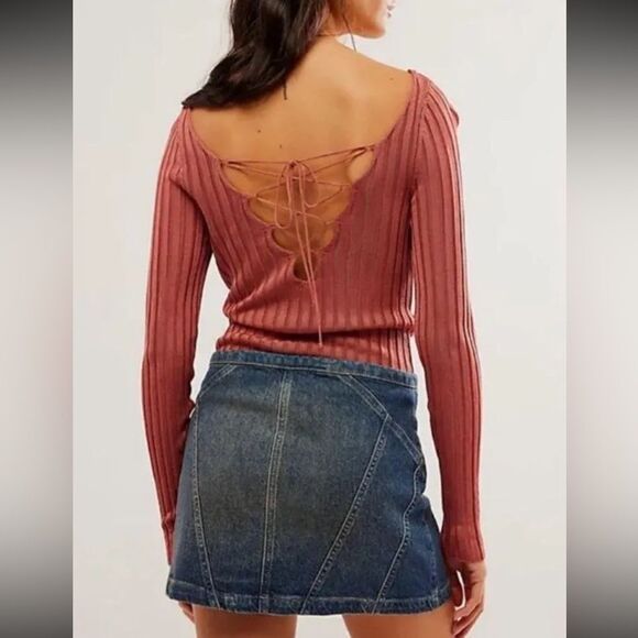 NWOT Free People Hits Different Lace-Up Top in Rusted Coral Sz S - Picture 5 of 12